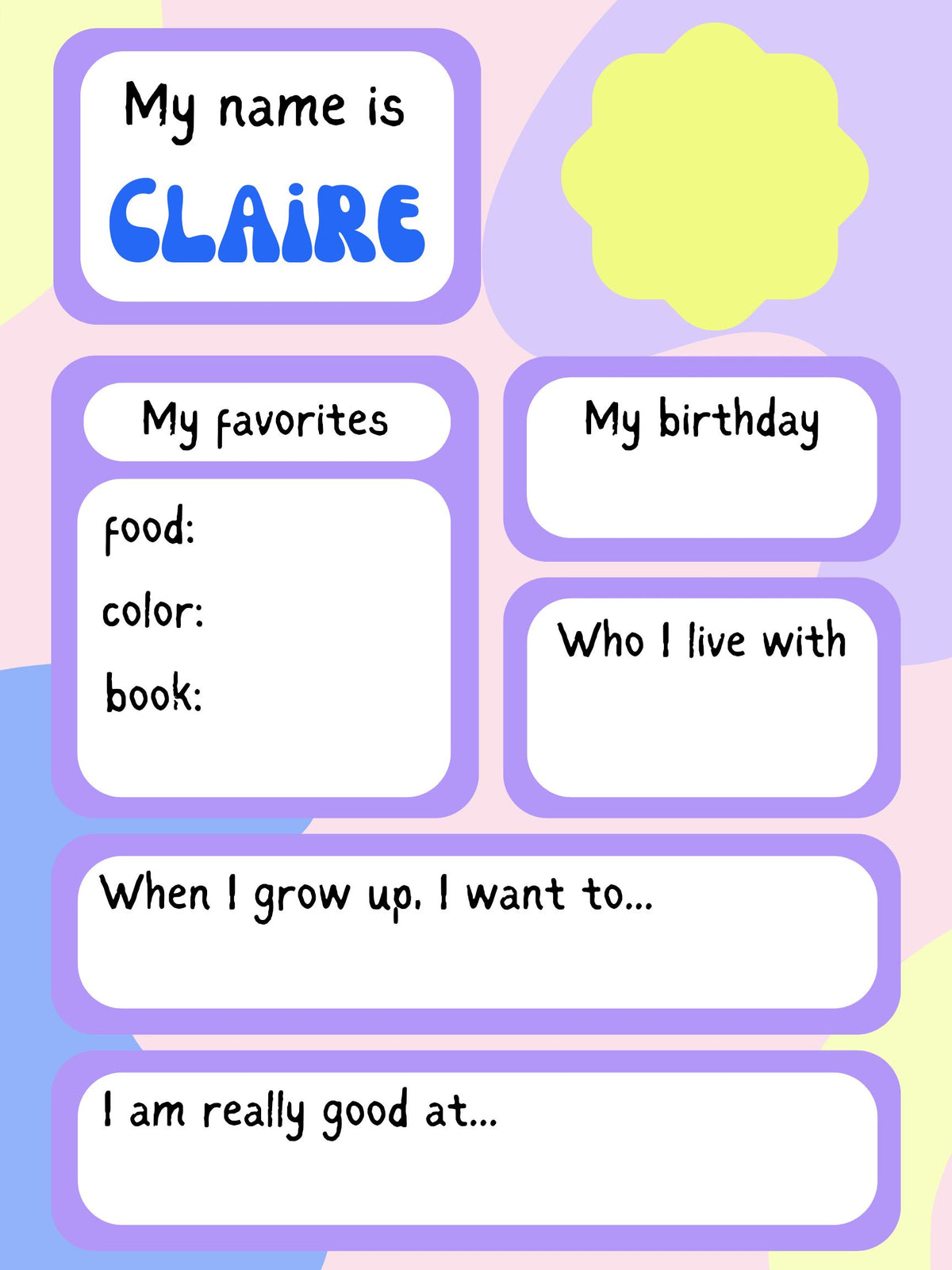 All About Me – Girls Kids Printable Worksheet (Instant Download)